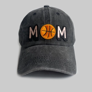 Close-up of charcoal grey washed denim cap with 3D Mama basketball embroidery