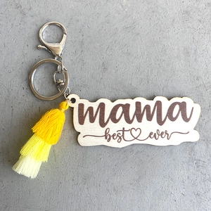Handmade wooden mama keychain with three-color gradient tassel and silver lobster clasp