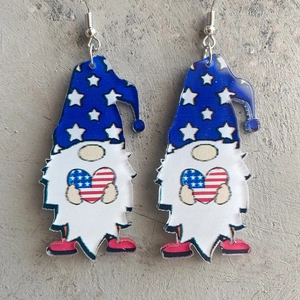 Acrylic gnome drop earrings with American flag stars and stripes pattern design