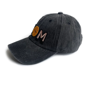 Vintage dark grey washed cotton baseball cap with embroidered MOM and basketball design