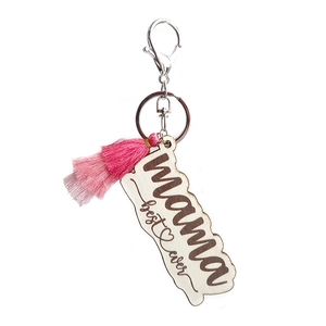 Custom wood keychain with pink tassel and Best Mama Ever engraving for Mother's Day
