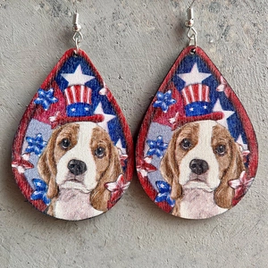 Πατριωτικά ξύλινα σκουλαρίκια σταγόνα με beagle και καπέλο σημαία των ΗΠΑ για γιορτές
