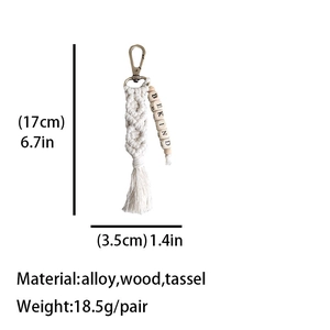 Handmade macrame keychain with BE KIND wooden beads and cotton tassel measurements