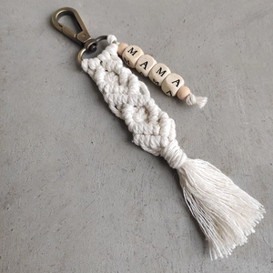Handmade macrame tassel keychain with beige cotton cord and MAMA wooden beads for Mother's Day