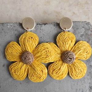 Vibrant yellow raffia woven flower earrings with golden studs for summer beach holidays
