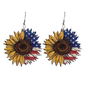Patriotic sunflower wood earrings with American flag pattern for Independence Day