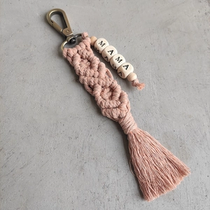 Boho handmade tassel keychain with pink woven cotton cord and MAMA wooden beads