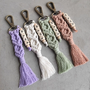 Handmade Macrame Keychain With Cotton Rope Wood Mama Letter Beads Bohemian Tassel Pendant Mother's Day Gift Bag Accessory