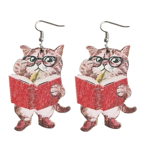 Orecchini in legno con gatto carino che legge un libro per studenti e insegnanti regalo