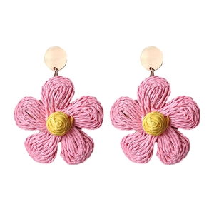 Pink and yellow woven raffia flower drop earrings with golden round studs for vacation