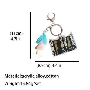 Rainbow Be Kind keychain with acrylic victory sign pendant and colorful cotton tassel