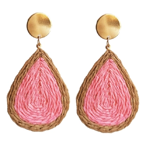 Bohemian teardrop woven raffia earrings in pink and dark brown with gold studs