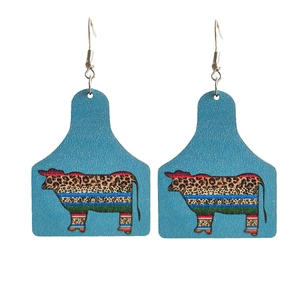 Western oorbellen met luipaardprint, Azteekse koeientag en turquoise hout met silhouet