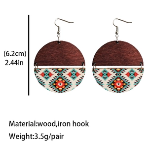 Bohemian retro wood earrings with colorful tribal geometric patterns on white background