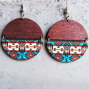 Detailed view of bohemian wood earrings with blue geometric patterns and tribal dreamcatcher print