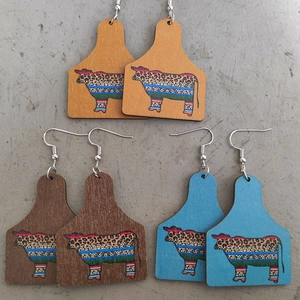 Western Retro Houten Koeienlabel Oorbellen Luipaardprint Serape Strepen Patroon Azteekse Etnische Stijl Sieraden Cadeau voor Dames
