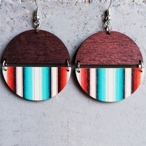 Vintage bohemian round wooden earrings with ethnic patterns and silver metal hooks