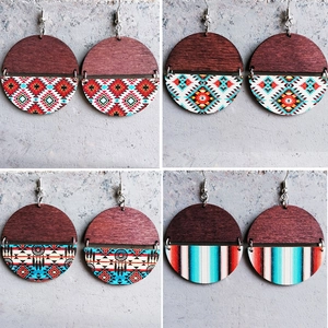 Vintage Bohemian Wood Drop Earrings Ethnic Geometric Pattern Splicing Round Dangle Earrings For Women Wood Jewelry