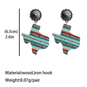 Texas state map earrings with colorful serape and leopard patterns on wood base