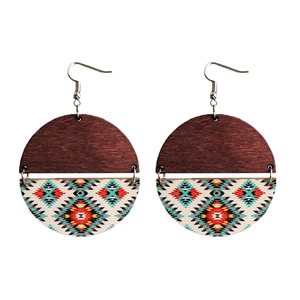 Retro Bohemian wood earrings with ethnic geometric patterns and mixed textures
