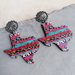 Western Texas shaped earrings with leopard print and floral silver concho studs