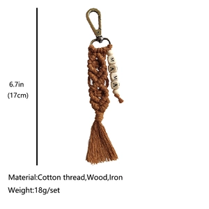Handmade woven cotton keychain with MAMA letter beads, tassel, and size measurements