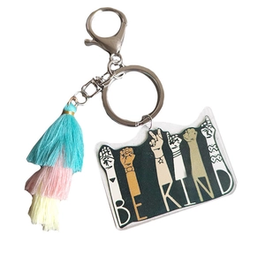Rainbow Be Kind tassel keychain with acrylic victory hand gesture and colorful layers