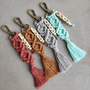 Handmade Macrame MAMA Keychain For Women Bohemian Cotton Rope Tassel Bag Charm With Wood Beads Mothers Day Gift Accessory