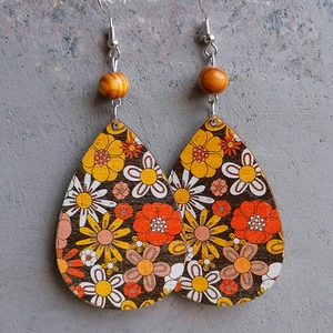 Bohemian floral teardrop earrings with sunflower print and yellow wooden beads