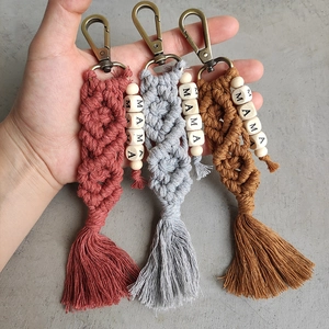 Handmade macrame MAMA keychains with cotton rope tassels in Morandi colors