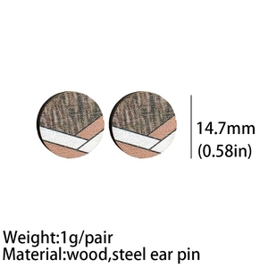 Bohemian round wooden earrings with geometric stripes, 14.7mm diameter and lightweight steel posts