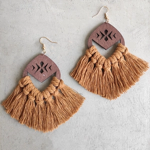 Bohemian tassel earrings with geometric hollow wood diamond and caramel handwoven fringe