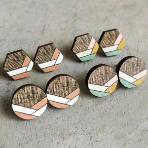 Bohemian Geometric Wood Stud Earrings For Women Artistic Stripe Round Hexagonal Wooden Earrings With Steel Post Jewelry Gift