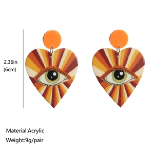 Rainbow heart-shaped acrylic drop earrings featuring retro eyeball design and glossy finish