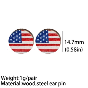 Lightweight 14.7mm round wooden stud earrings featuring the USA flag stars and stripes
