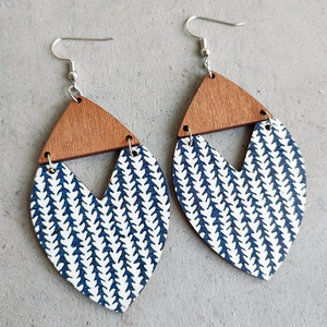 Detailed view of Bohemian drop earrings with wood tops and blue feather pattern pendants