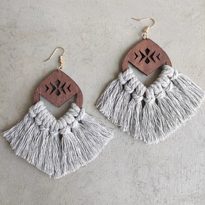 Bohemian tassel earrings with Morandi geometric wood and gray handwoven fringe accents