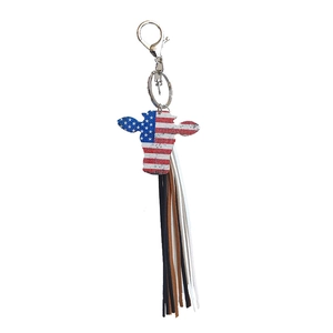 Western cowboy keychain featuring American flag bull head and colorful leather tassels