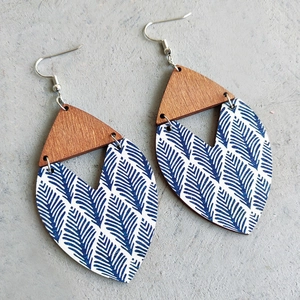 Bohemian wood earrings with blue palm leaf floral print and geometric leaf shape
