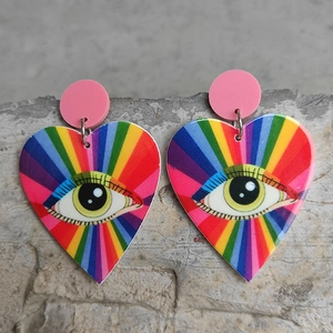 Rainbow heart-shaped acrylic drop earrings with retro pop art evil eye pattern