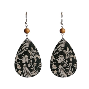 Bohemian teardrop earrings with white floral print on black wood and metal hooks