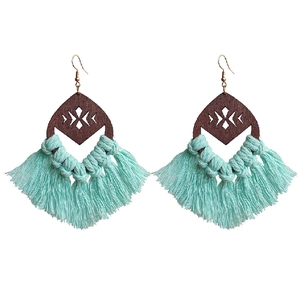 Bohemian tassel earrings with brown geometric wood frame and mint green cotton fringe