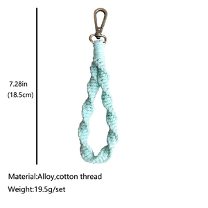 Handmade bohemian mint blue braided cotton keychain with bronze lobster clasp