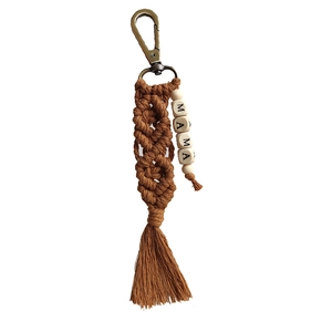 Handmade caramel macrame keychain with MAMA wood beads and fringe tassel accessory