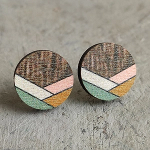 Bohemian wood stud earrings with geometric mountain pattern and colorful stripes