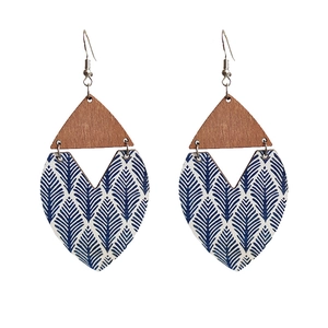 Bohemian wood and heart-shaped pendant earrings with blue feather pattern on white background