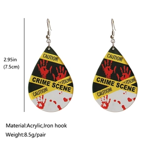 Halloween crime scene acrylic earrings with bloody handprint and caution tape pattern