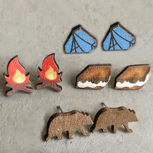 Camping Outdoor Wooden Stud Earrings Tent Bonfire Bear Pattern Laser Cut Wood Jewelry With Steel Post For Women Men