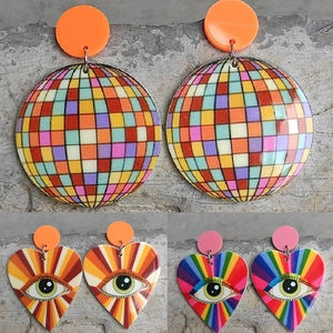 Retro Disco Ball Rainbow Heart Eye Acrylic Drop Earrings For Women Pop Art Colorful Statement Printed Funky Party Jewelry