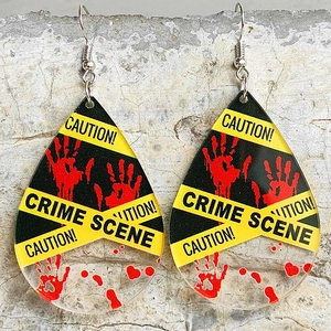 Halloween Horror Crime Scene Teardrop Acrylic Earrings For Women Caution Bloodstain Handprint Fingerprint Novelty Jewelry Gift